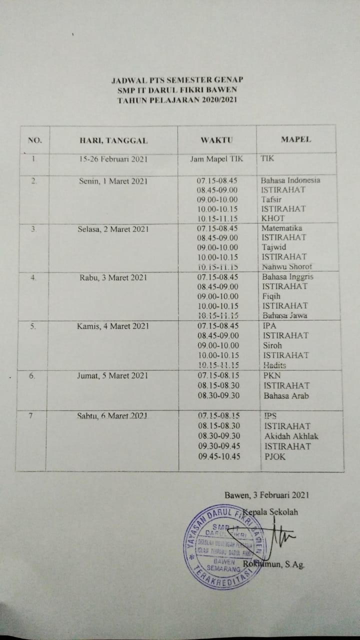 JADWAL PTS SEMESTER GENAP TA 2020/2021